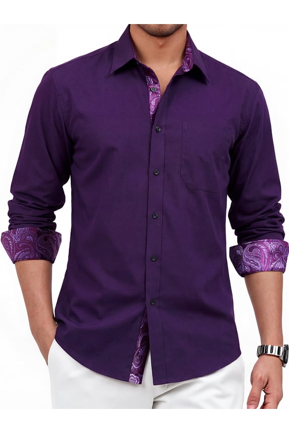 Mens Purple Dress Shirt Long Sleeve Button Down Regular Fit Shirt with Paisley Inner Contrast
