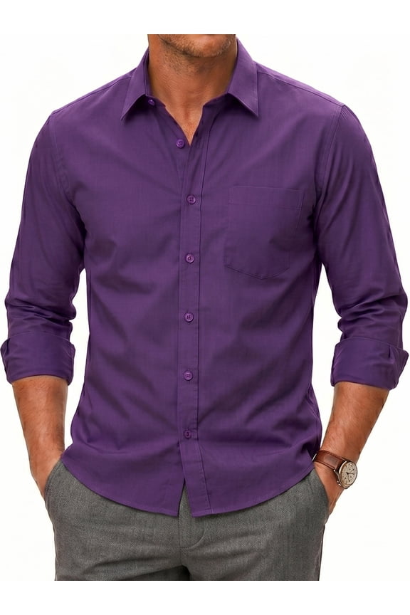 Mens Purple Dress Shirts Long Sleeve Casual Solid Wedding Dating Button Down Shirt with Pocket M
