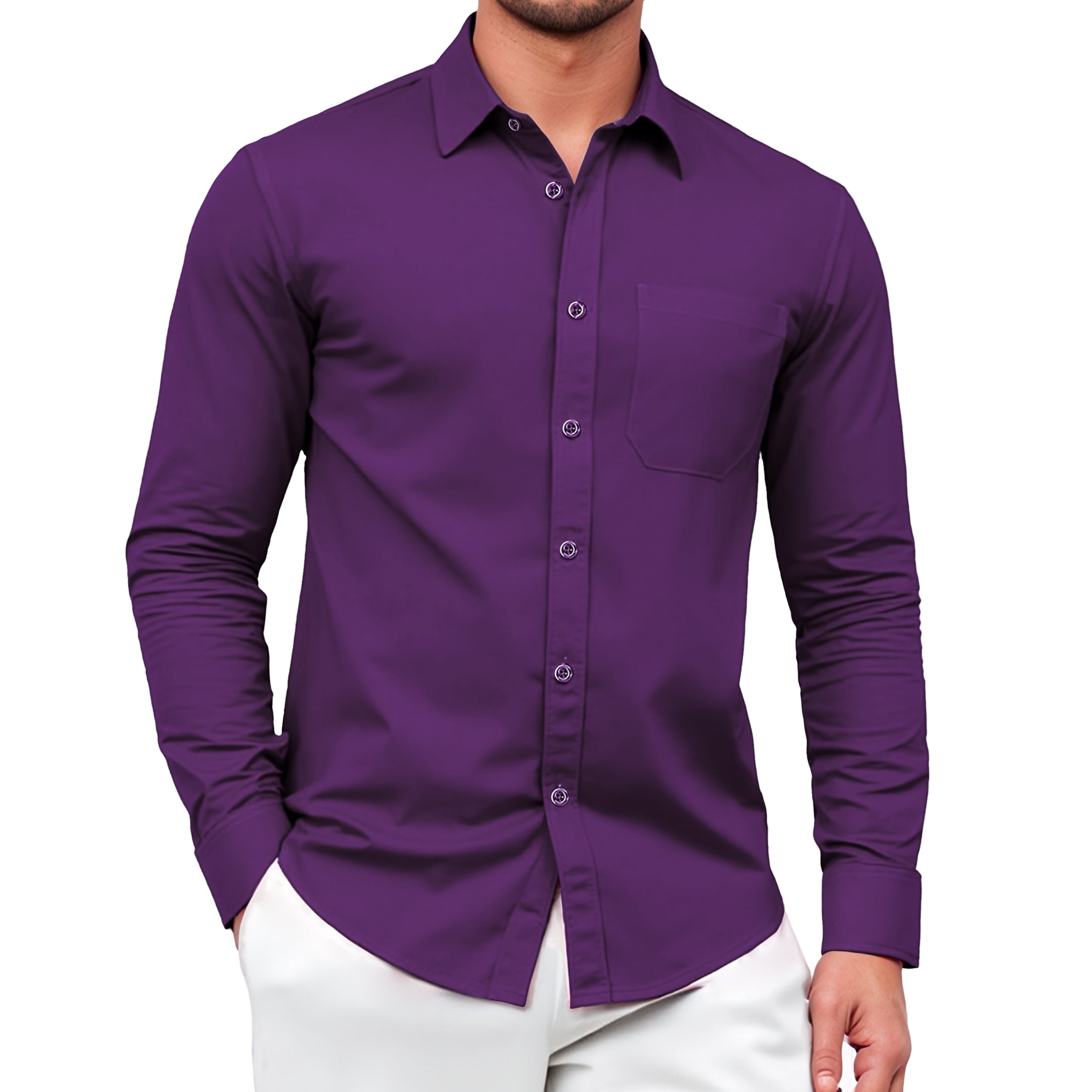 Mens Purple Dress Shirts Long Sleeve Casual Solid Wedding Dating Button ...