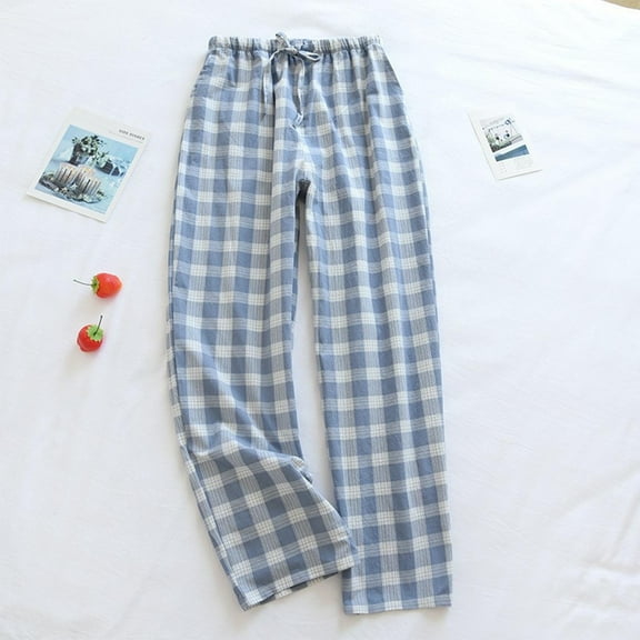 Mens Pyjama Pants Set Flannel Cotton Plaid Sleep & Lounge Pants, PJ Bottoms with Pockets Blue L