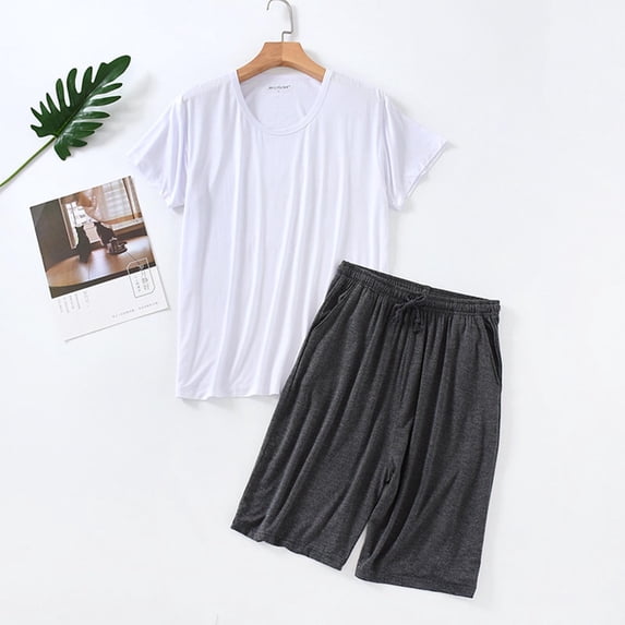 Mens Pyjamas Set Short Sleeve Nightwear Crew Neck Pyjama Top & Shorts Soft Comfy Sleepwear Lounge wear PJ's Sets White XXL