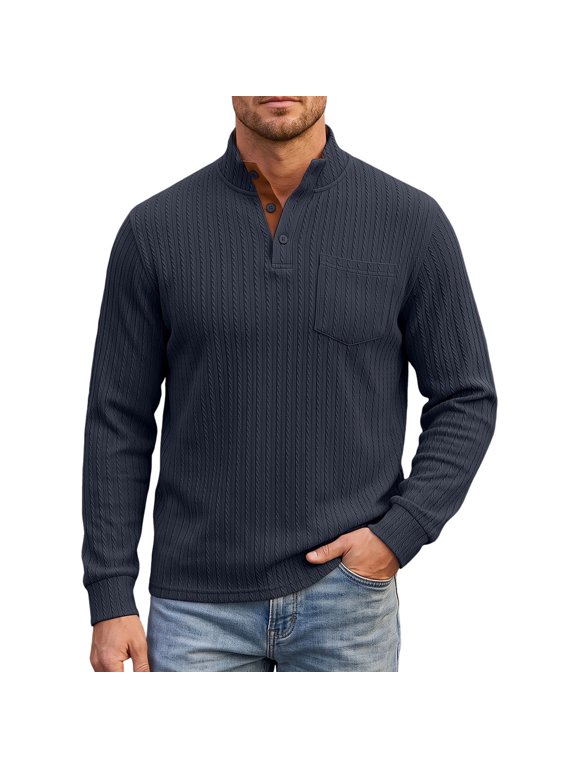 Mens Quarter Button Sweaters Regular Fit Casual Mock Neck Jacquard Knit Pullover Casual Dress Sweaters, Chest Pocket, Fall Winter Sweaters for Business, Office, Travel, Outdoor
