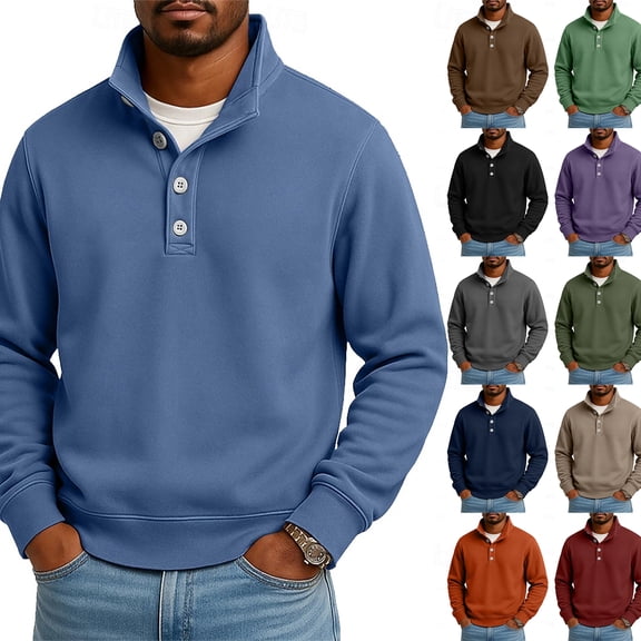 Mens Quarter Button up Sweatshirt Mock Neck Pullover Long Sleeve Casual Tops Winter Army Green L