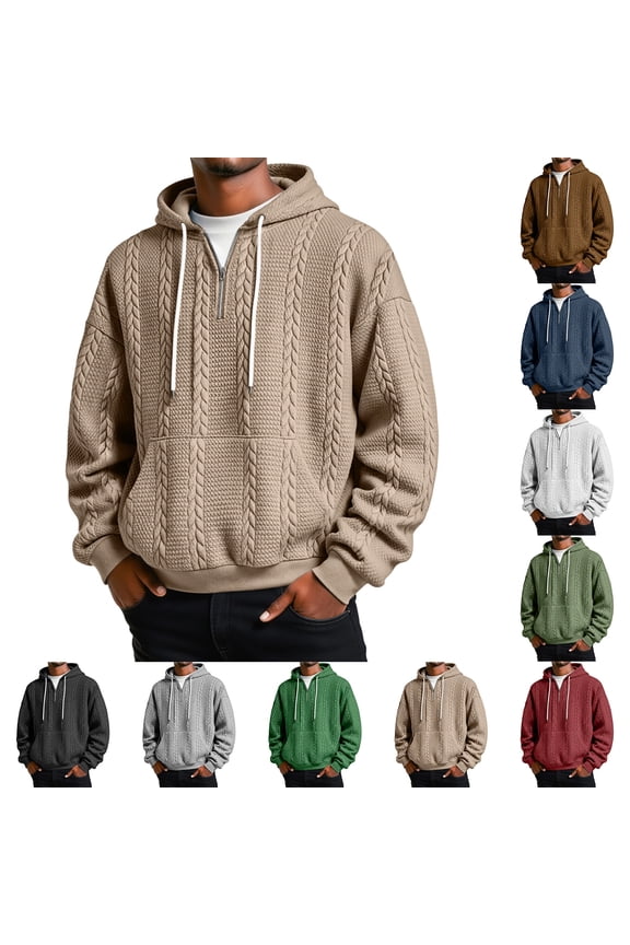 Mens Quarter Zip Cable Knit Hoodie Long Sleeve Waffle Textured Solid Color Casual Hooded Sweatshirt,Khaki XXL