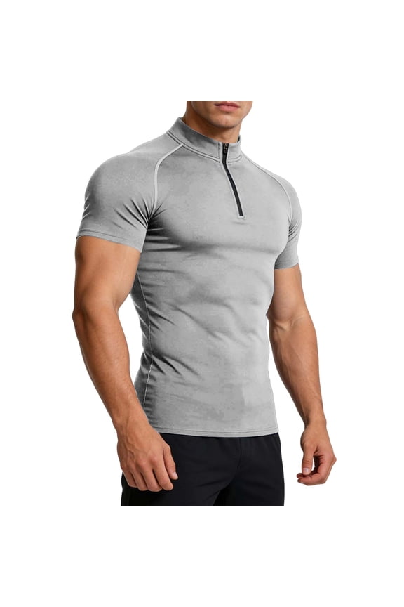 Mens Quarter Zip Compression Athletic T-Shirts Performance Short Sleeve Mock Neck T-Shirt Workout Running Base Layer Nylon Spandex Training Tee for Bodybuilding & Outdoor Sports, Solid Color