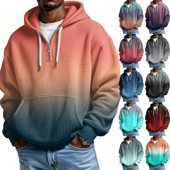 Mens Quarter Zip Gradient Sweatshirt Holiday Vacation Waffle Long Sleeve Men Plus Size Zip Hoodie Gray 3XL