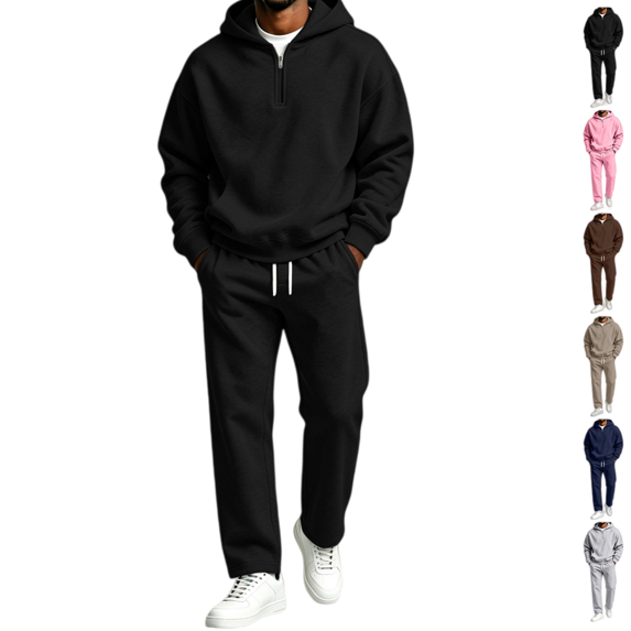 Mens Quarter Zip Hooded Tracksuit 2 Piece Outfit Winter Stylish Casual Fleece Sweatsuit Set Long Sleeve Sweatshirt&Wide Leg Sweatpants Black XL