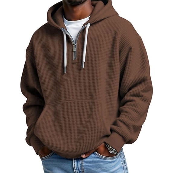 Mens Quarter Zip Hoodie Loose Waffle Long Sleeve Drawstring Hooded Sweatshirt Plus Size Pullover Tops with Pocket