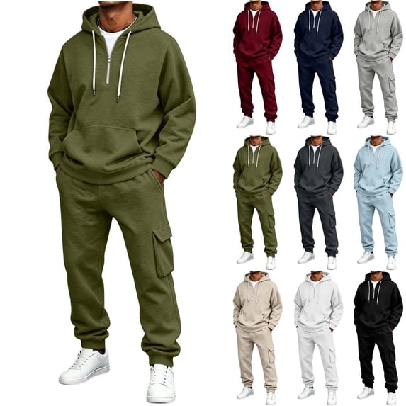 Mens Quarter Zip Hoodie Sweatsuit Drawstring Sweatshirt And Cargo Sweatpants Set, Casual Athletic 2 Piece Outfits Set Tracksuit