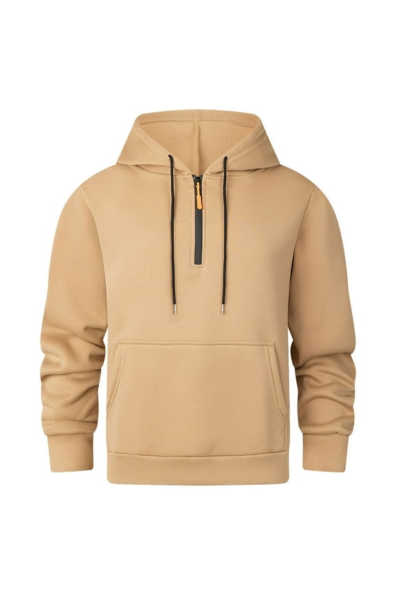 Mens Quarter Zip Hoodies 1/4 Zipper Hooded with Multi Pockets Long Sleeve Military Tactical Sweatshirts Pullover Tops Khaki L