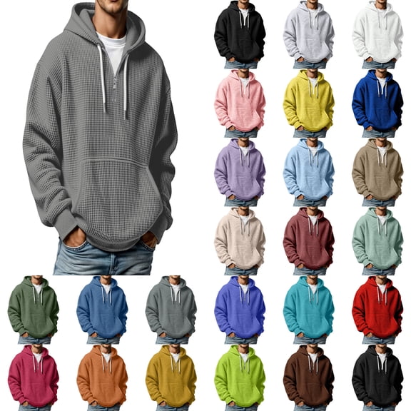 Mens Quarter Zip Hoodies Long Sleeve Drawstring Texture Sweatshirts Fall Winter Fashion Solid Color Tops with Pockets Grey XXL