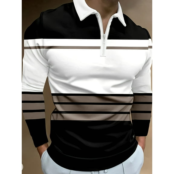 Mens Quarter Zip Polo Shirts Casual Classic Long Sleeve Contrast Collar Polo T Shirts White 3XL