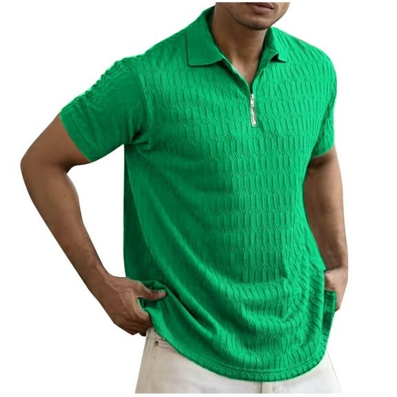 Mens Quarter Zip Polo Shirts Knit Textured Casual Short Sleeve Shirt Lightweight Golf Tops Green S