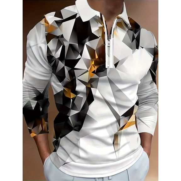 Mens Quarter Zip Polo Shirts Vintage Long Sleeve Casual Golf Polos Collared TShirt White L