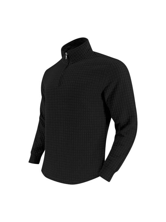 Mens Quarter Zip Pullover Casual Waffle Sweaters Long Sleeve Standing Collar Top with Pocket