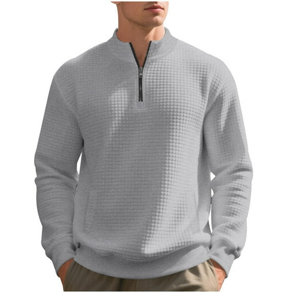 Mens Quarter Zip Pullover Casual Waffle Sweaters Long Sleeve Standing Collar Top with Pocket