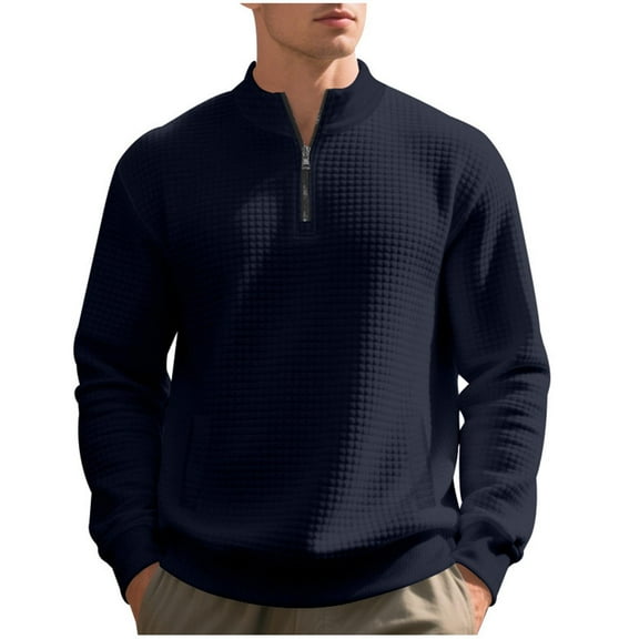 Mens Quarter Zip Pullover Casual Waffle Sweaters Long Sleeve Standing Collar Top with Pocket
