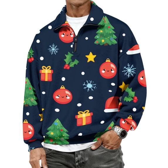 Mens Quarter Zip Pullover Christmas Tree Sweater Mock Neck Cute Print Casual Sweaters Fleece Slim Fit Relaxed Fit Sweatshirts Long Sleeve Shirts
