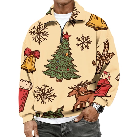 Mens Quarter Zip Pullover Christmas Tree Sweater Mock Neck Cute Xmas Print Sweaters Fleece Slim Fit Fashion Lightweight Sweatshirts Long Sleeve Shirts