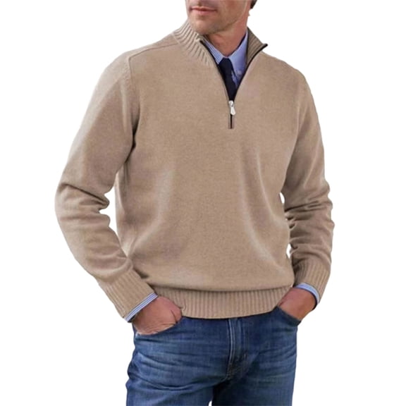 Mens Quarter Zip Pullover Quilted Pullover Casual Knit Long Sleeve Mock Neck Sweater Beige L