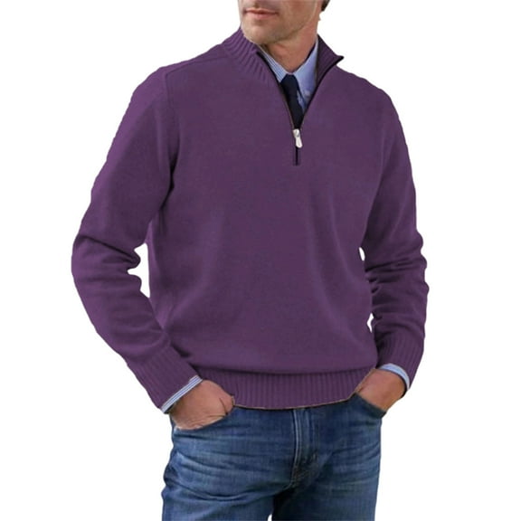 Mens Quarter Zip Pullover Quilted Pullover Casual Knit Long Sleeve Mock Neck Sweater Dark Purple M