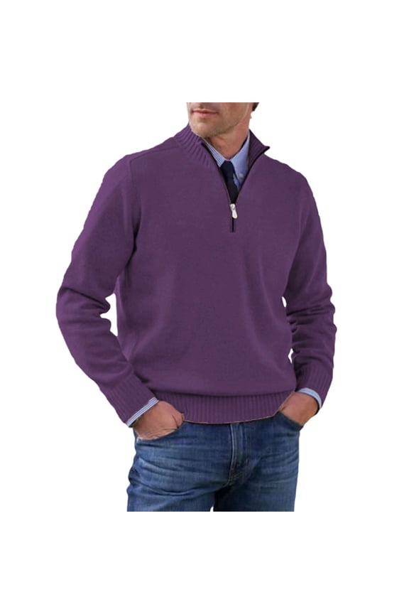Mens Quarter Zip Pullover Quilted Pullover Casual Knit Long Sleeve Mock Neck Sweater Dark Purple M