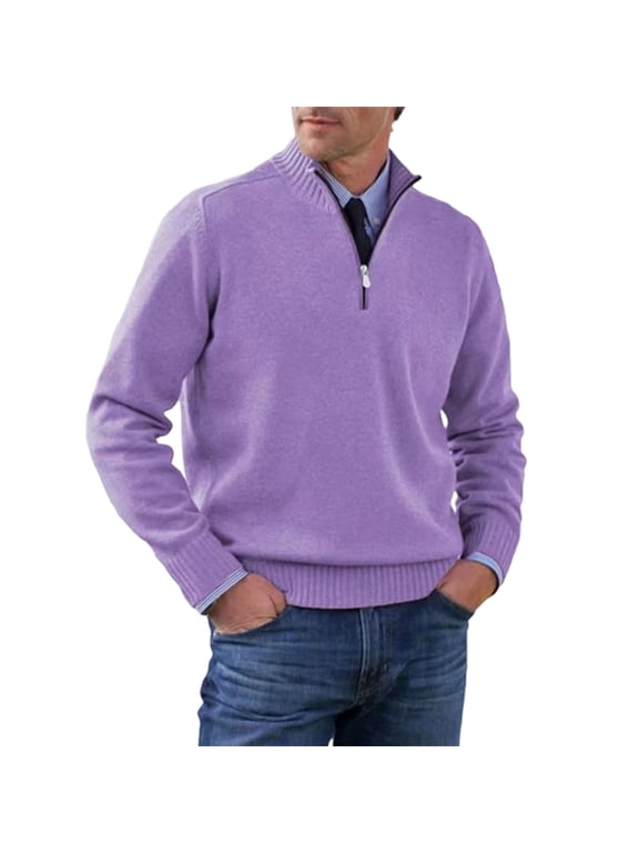 Mens Quarter Zip Pullover Quilted Pullover Casual Knit Long Sleeve Mock Neck Sweater Purple XL