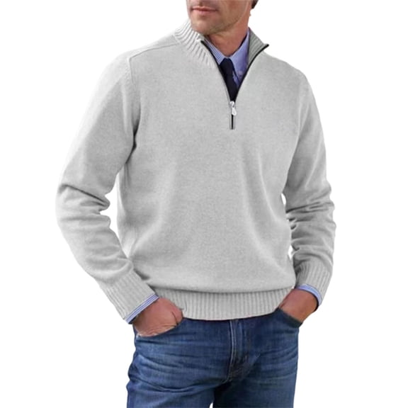 Mens Quarter Zip Pullover Quilted Pullover Casual Knit Long Sleeve Mock Neck Sweater White L