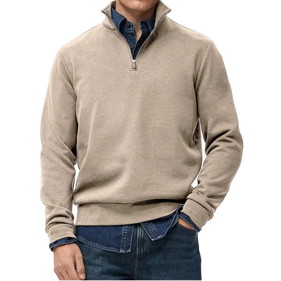 Mens Quarter Zip Pullover Slim Fit Lightweight Sweater Casual Mock Neck Knit Polo Sweater Khaki 3XL