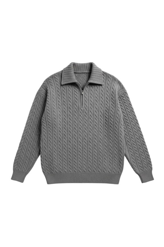 Mens Quarter Zip Pullover Sweater Cable Knit Shirts Solid Color Lapel Down Long Sleeve Sweatshirt Warm Fashion