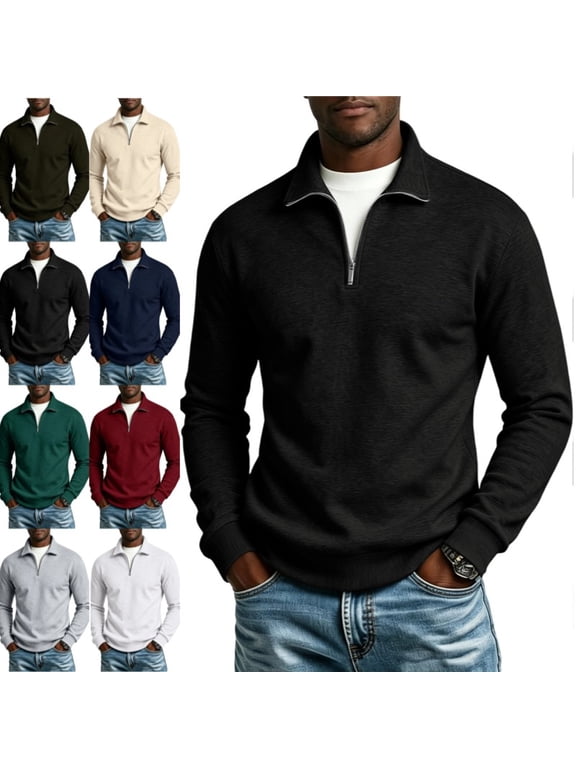 Mens Quarter Zip Pullover Sweater Lightweight Mock Neck Slim Fit Pullover Knit Casual Polo Sweaters Black L
