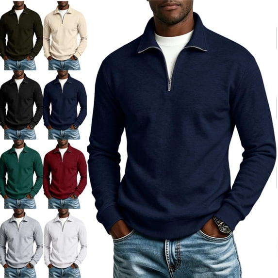 Mens Quarter Zip Pullover Sweater Lightweight Mock Neck Slim Fit Pullover Knit Casual Polo Sweaters Navy L