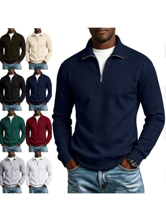 Mens Quarter Zip Pullover Sweater Lightweight Mock Neck Slim Fit Pullover Knit Casual Polo Sweaters Navy L