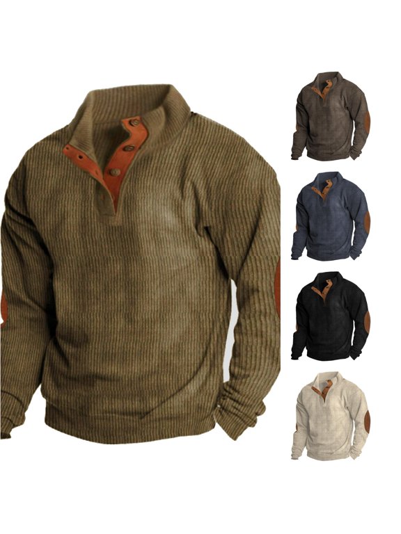 Mens Quarter Zip Pullover Sweater with Leather Elbow Patches Casual Winter Long Sleeve Knit Top XL