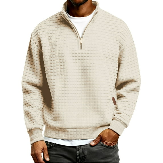 Mens Quarter Zip Pullover Sweaters Mock Neck Slim Fit Lightweight Pullover Waffle Knit Casual Sweater,Khaki L