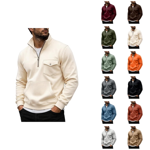 Mens Quarter Zip Pullover Sweatshirt Fall Winter Long Sleeve Casual Plain Stand Collared Sweatshirts with Pockets