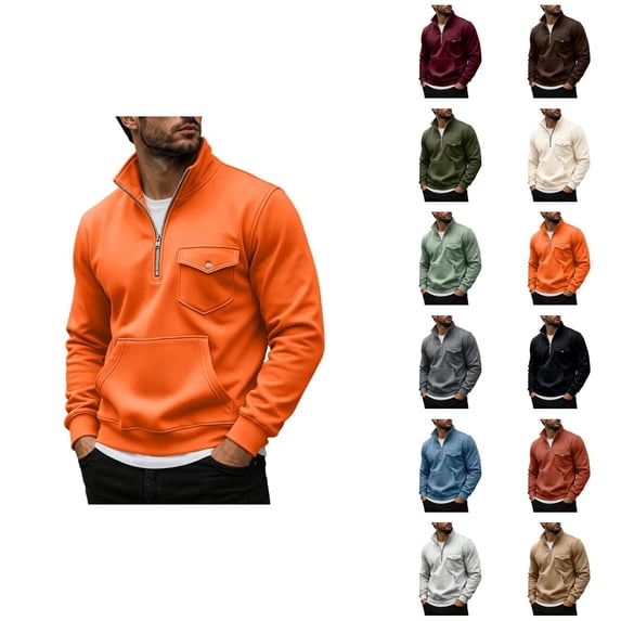Mens Quarter Zip Pullover Sweatshirt Fall Winter Long Sleeve Casual Plain Stand Collared Sweatshirts with Pockets