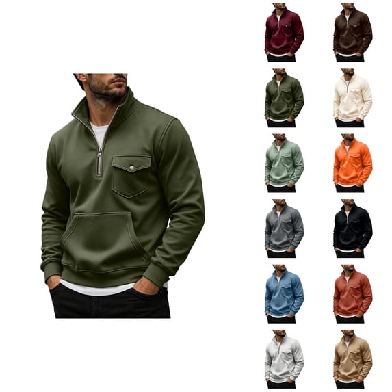 Mens Quarter Zip Pullover Sweatshirt Fall Winter Long Sleeve Casual Plain Stand Collared Sweatshirts with Pockets