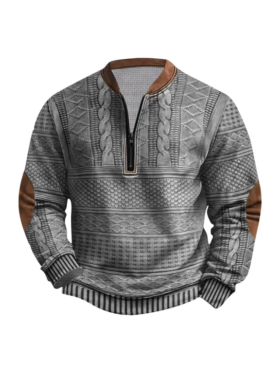 Mens Quarter Zip Pullover Sweatshirt Vintage Knit Print Graphic Elbow Patch Sweatshirt Collar Neck Workout Top