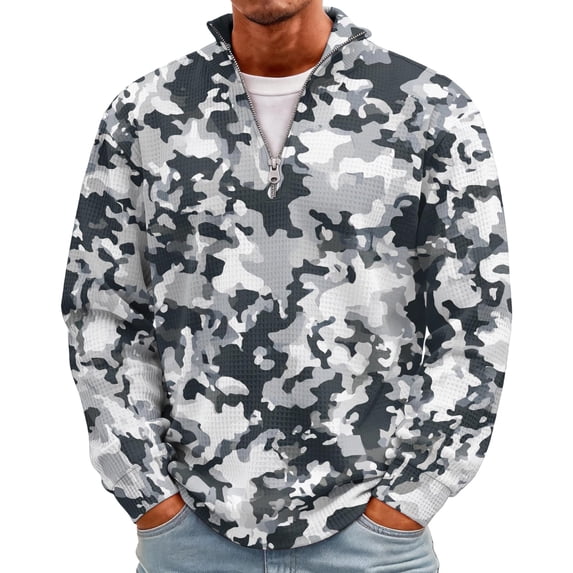 Mens Quarter Zip Pullover Sweatshirts Casual 1/4 Zip Sweater Stand Collared Long Sleeve Mock Neck Pullovers Camo Waffle Thermal Tops Athletic Sweatshirt