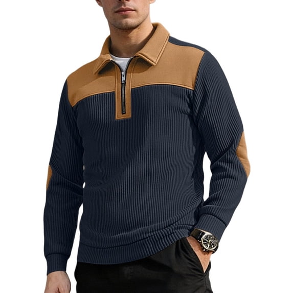 Mens Quarter Zip Pullover Sweatshirts Patchwork Long Sleeve Lapel Collar Sweater Tops