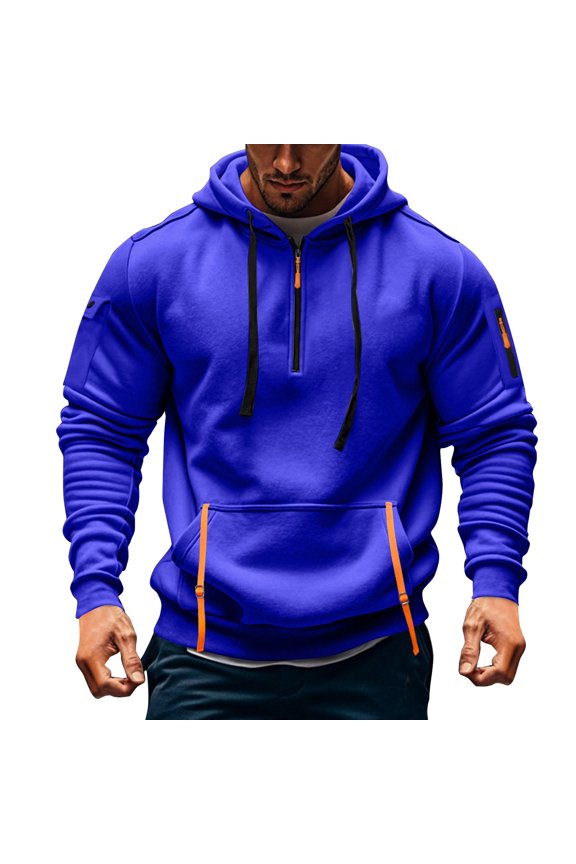 Mens Quarter Zip Pullover Tactical Hoodies Vintage Long Sleeve Casual Fashion Hoodie Fall Winter Sweaters Blue M