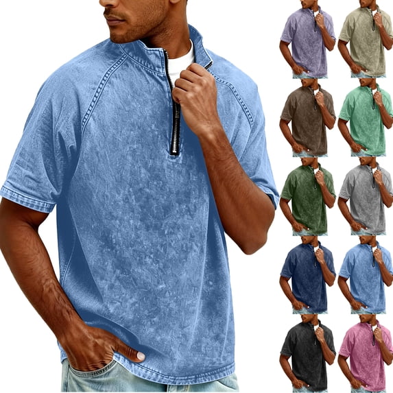Mens Quarter Zip Pullover Vintage Distressed Stand Collar Polo Denim Sweatshirts Loose Casual Mock Neck Golf Shirts (Brown,3XL)
