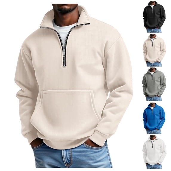 Mens Quarter Zip Pullover Waffle Knit Long Sleeve Sweat Shirts with Pocket Big and Tall Heavyweight Polo Sweater