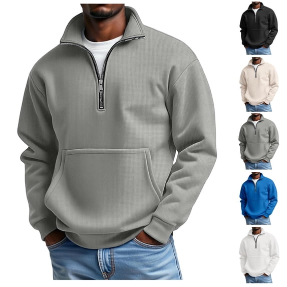 Mens Quarter Zip Pullover Waffle Knit Long Sleeve Sweat Shirts with Pocket Big and Tall Heavyweight Polo Sweater