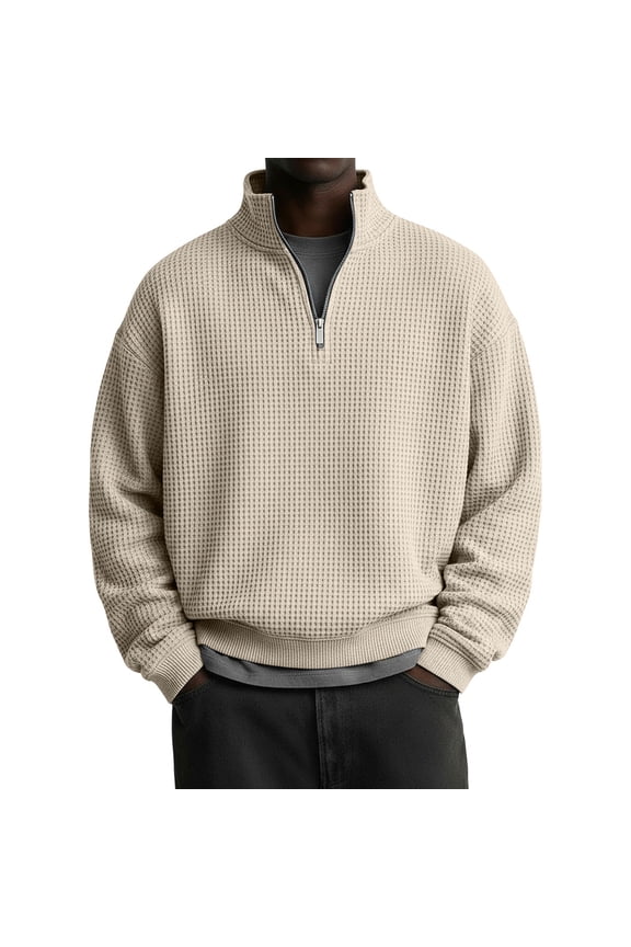 Mens Quarter Zip Pullover Waffle Knit Textured 1/4 Zip Up Sweatshirt Business Trendy Lightweight Big And Tall Shirts Complexion 2XL