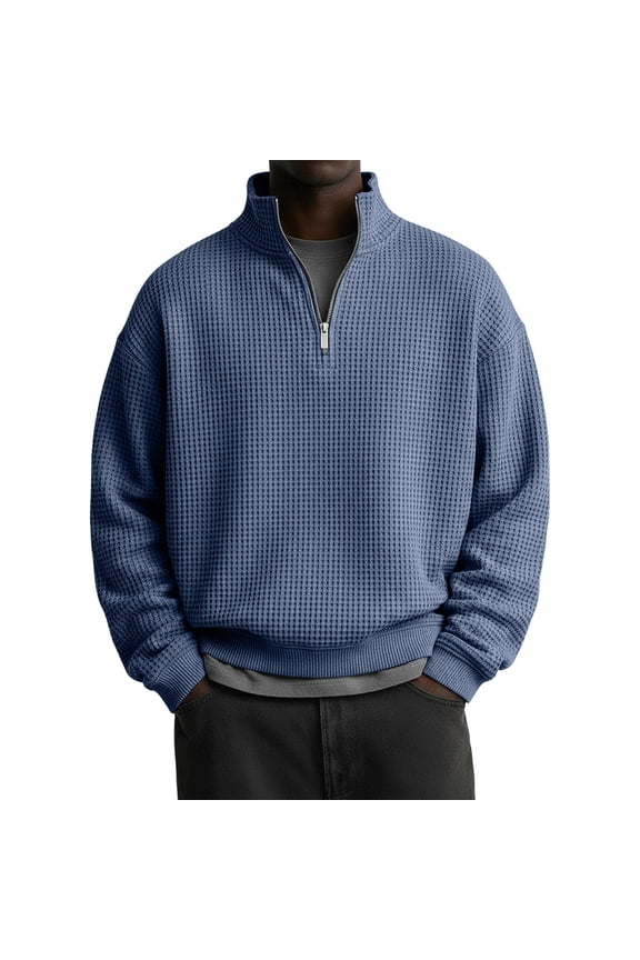 Mens Quarter Zip Pullover Waffle Knit Textured 1/4 Zip Up Sweatshirt Business Trendy Lightweight Big And Tall Shirts Dark Blue XL