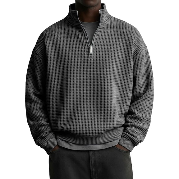 Mens Quarter Zip Pullover Waffle Knit Textured 1/4 Zip Up Sweatshirt Business Trendy Lightweight Big And Tall Shirts Dark Gray M