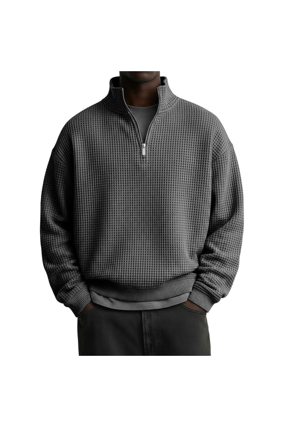 Mens Quarter Zip Pullover Waffle Knit Textured 1/4 Zip Up Sweatshirt Business Trendy Lightweight Big And Tall Shirts Dark Gray M