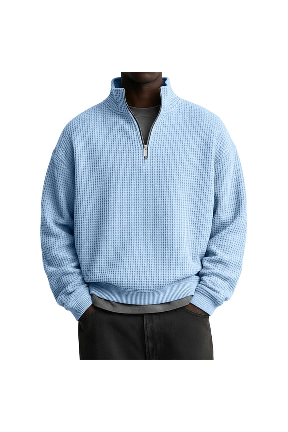 Mens Quarter Zip Pullover Waffle Knit Textured 1/4 Zip Up Sweatshirt Business Trendy Lightweight Big And Tall Shirts Light Blue M